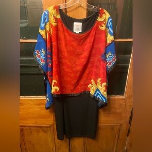 Michael Vollbrach Red & Blue dragon Chinese design Overlay Dress L